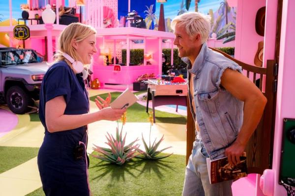 Director Greta Gerwig (left) and Ryan Gosling on the set of 